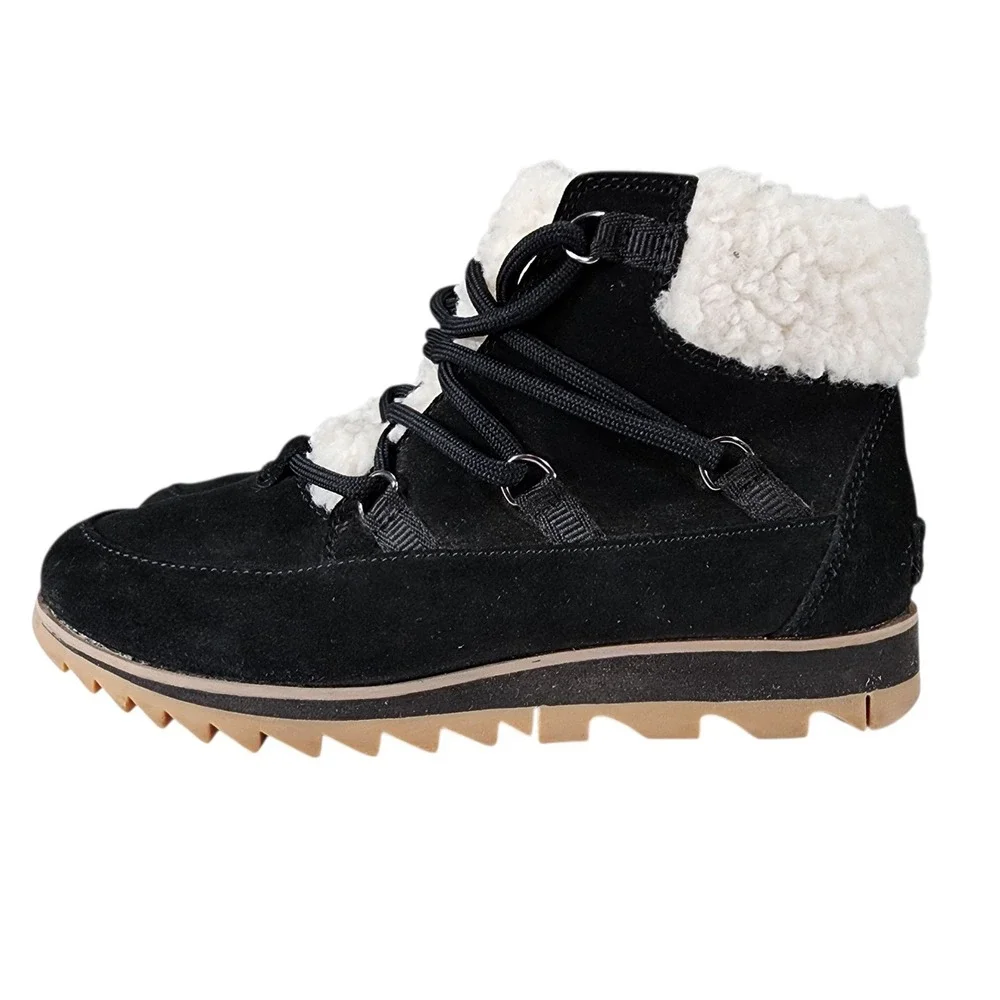 Sorel Snow Boot sz 7 Women Harlow Lace Cozy Brown Leather Sherpa Gorpcore Hiking